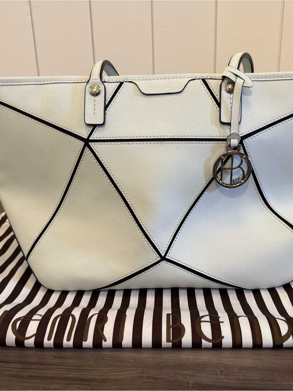 henri bendel White Leather Zipper Tote with Black Trim